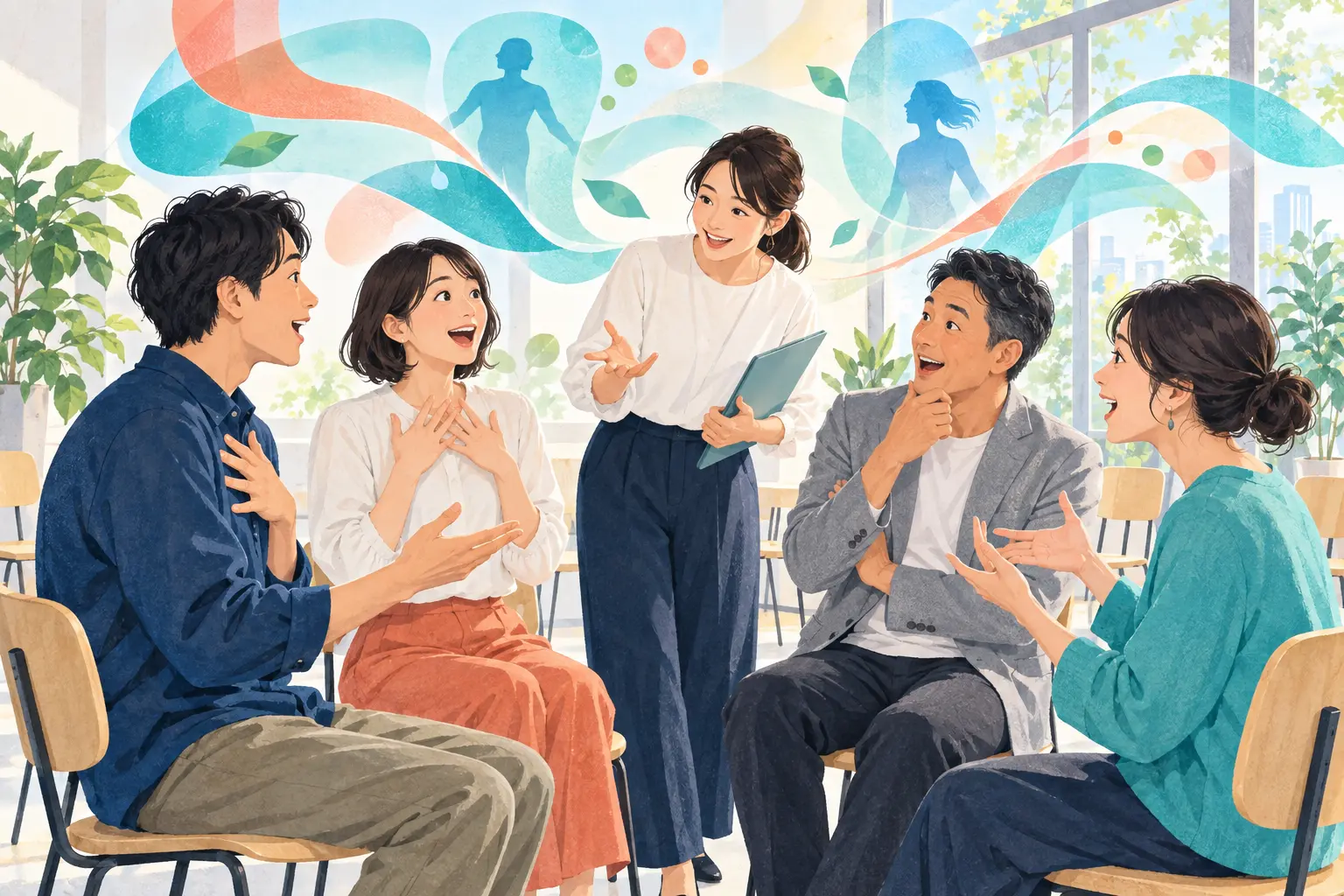 職場や地域の会場で自分の体を知り、会話が生まれる健康体験のイラスト