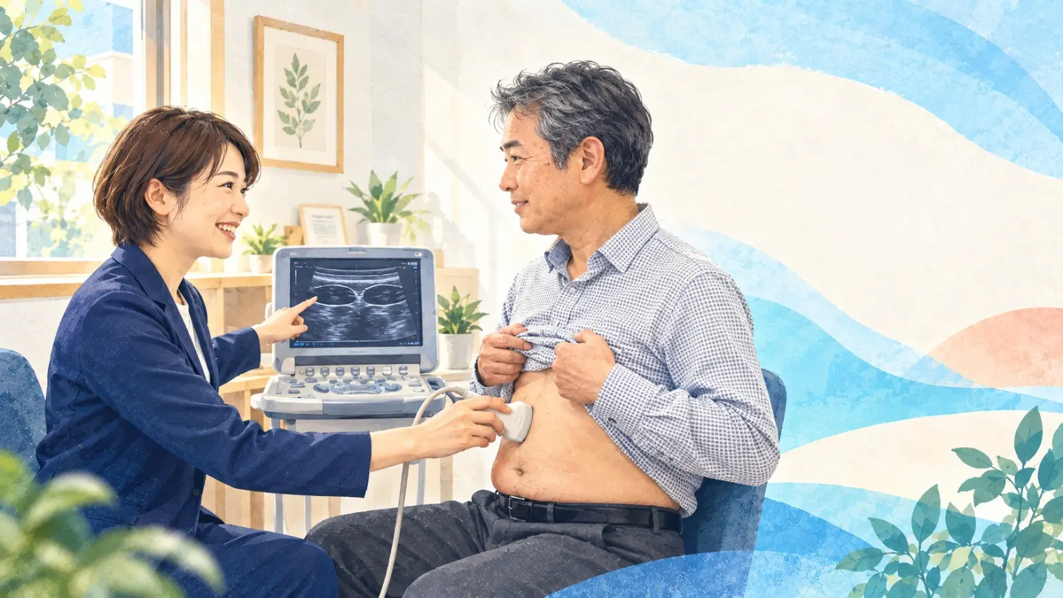 お腹の超音波画像を一緒に見ながら会話する、お腹ソムリエの測定体験イメージ