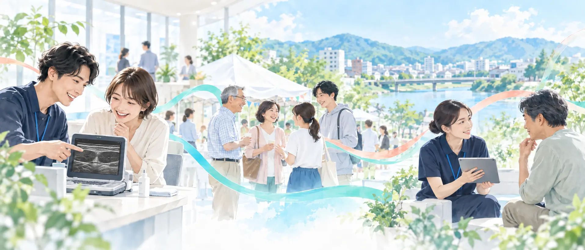 企業の健康イベントで自分のお腹の画像を見た人の発見が、地域の交流や健康サービスでの会話へ広がる様子を描いたイラスト